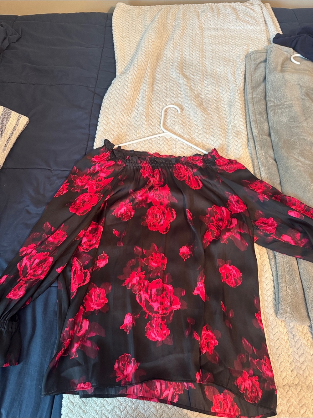 Talbots Petite Black Top with Bright Fuchsia Floral Print